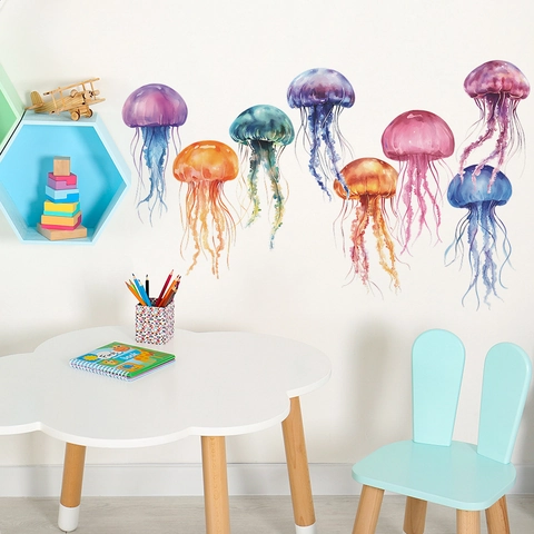 Aquarell Quallen Wandsticker Für Kinderzimmer Ozean Meeresbewohner PVC Wandtattoos Haus Dekoration DIY Wandbild Für Kinderzimmer