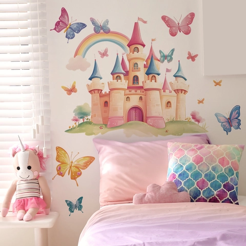 Pegatina De Pared Castillo Arcoíris Mariposa Dibujos Animados PVC Autoadhesiva Mural De Ensueño Decoración Para Habitación Niños Dormitorio Papel Pintado