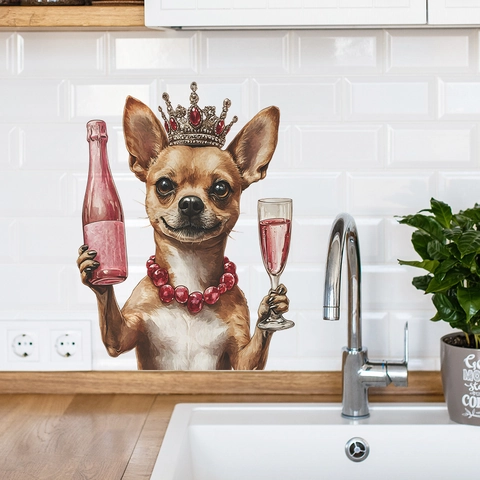 Sticker Mural Créatif Chihuahua Avec Motif Couronne Et Bouteille De Vin Décalcomanie Auto-Adhésive Amovible En PVC Pour Cuisine Chambre Maison