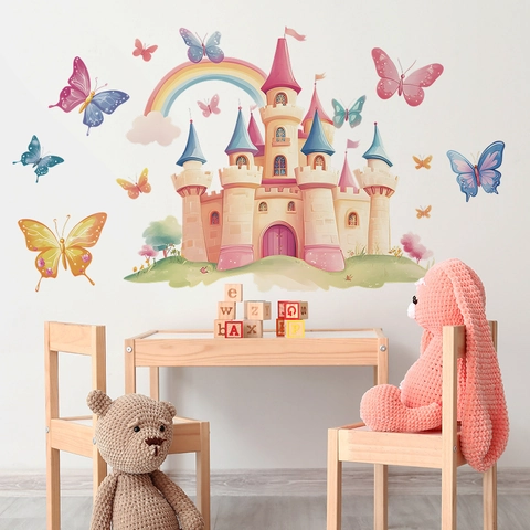 Pegatina De Pared Castillo Arcoíris Mariposa Dibujos Animados PVC Autoadhesiva Mural De Ensueño Decoración Para Habitación Niños Dormitorio Papel Pintado