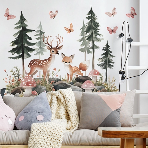 Watercolor Forest Animals Wall Decals Pine Tree Deer Fox Mushroom PVC Stickers For Kids Bedroom Nursery Home Wall Decor