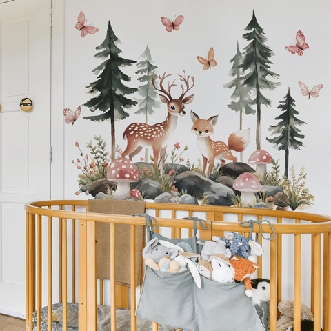 Watercolor Forest Animals Wall Decals Pine Tree Deer Fox Mushroom PVC Stickers For Kids Bedroom Nursery Home Wall Decor