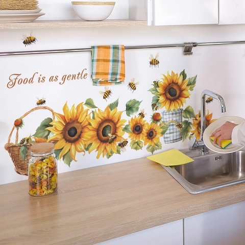 Sticker Mural de Cuisine Tournesol Abeille Imperméable PVC Auto-adhésif Amovible Décoration de Maison Citation Florale Papier Peint