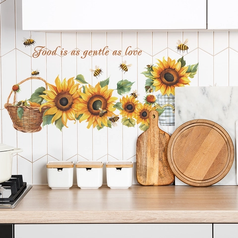 Sticker Mural de Cuisine Tournesol Abeille Imperméable PVC Auto-adhésif Amovible Décoration de Maison Citation Florale Papier Peint