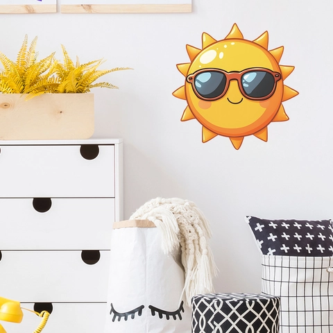 Simpatico Adesivo Murale Sole Sorridente Con Occhiali da Sole Cartone Animato PVC Autoadesivo Per Camera Bambini Soggiorno