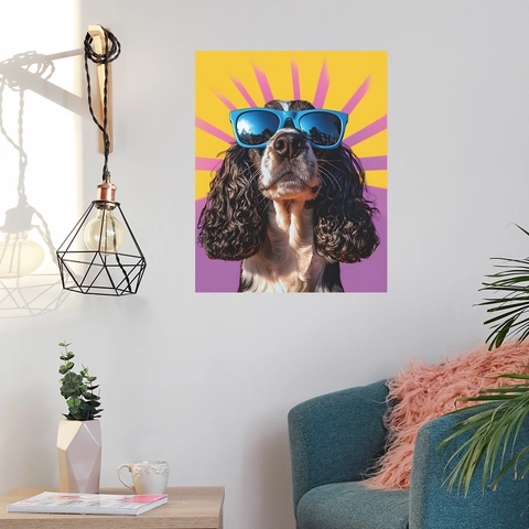 Creativo Adesivo da Parete Cane con Occhiali da Sole Pop Art Decalcomania in PVC Removibile per Soggiorno Decorazione Casa