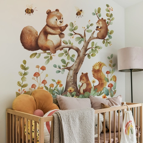 Pegatina de Pared Autoadhesiva de PVC Estilo Acuarela de Animales del Bosque Árbol Ardilla Abeja para Dormitorio Infantil