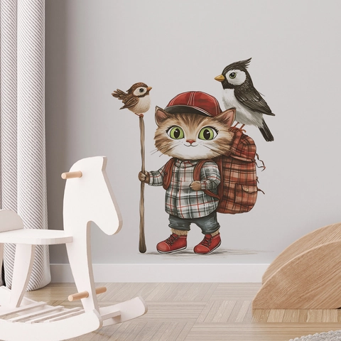 Adesivo da Parete con Gatto Escursionista e Uccelli Decalcomania Rimovibile in PVC per Camera dei Bambini Camera da Letto Soggiorno Decorazione Animale Cartone Animato Carta da Parati Autoadesiva