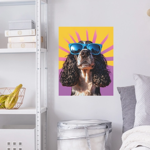 Creativo Adesivo da Parete Cane con Occhiali da Sole Pop Art Decalcomania in PVC Removibile per Soggiorno Decorazione Casa