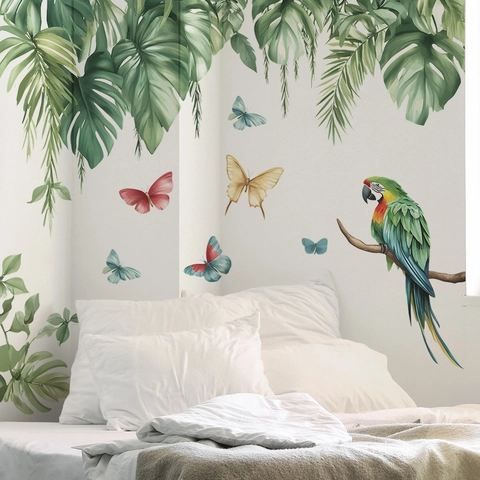 Adesivi Murali Foglie di Monstera e Pappagallo Foresta Tropicale PVC Autoadesivo Farfalle Decalcomania Parete Casa
