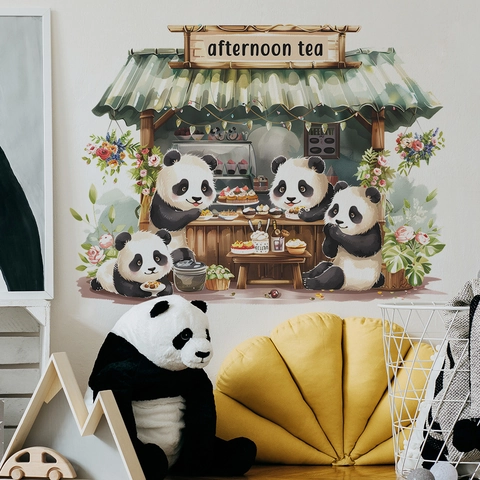 Cartoon Panda Afternoon Tea Wall Sticker PVC Removable Self Adhesive Wall Decals For Kids Room Bedroom Home Decor