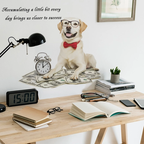 Labrador Dog With Glasses And Tie Wall Sticker PVC Motivational English Quote Time Is Money Decal For Home Office Decor
