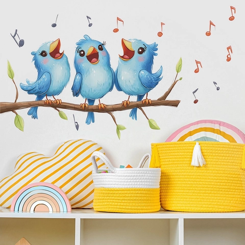 Cartoon Blue Birds Singing On Tree Branch Wall Sticker PVC Self-Adhesive Musical Note Decal For Kids Room Home Decor