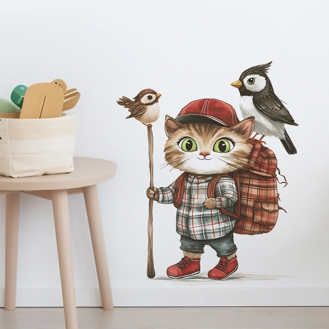 Adesivo da Parete con Gatto Escursionista e Uccelli Decalcomania Rimovibile in PVC per Camera dei Bambini Camera da Letto Soggiorno Decorazione Animale Cartone Animato Carta da Parati Autoadesiva