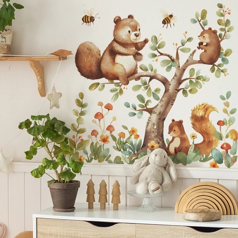 Pegatina de Pared Autoadhesiva de PVC Estilo Acuarela de Animales del Bosque Árbol Ardilla Abeja para Dormitorio Infantil