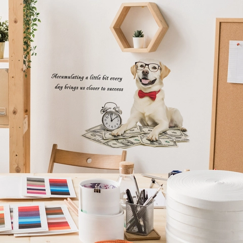 Labrador Dog With Glasses And Tie Wall Sticker PVC Motivational English Quote Time Is Money Decal For Home Office Decor