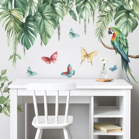 Adesivi Murali Foglie di Monstera e Pappagallo Foresta Tropicale PVC Autoadesivo Farfalle Decalcomania Parete Casa