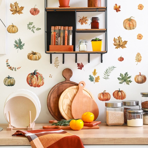 Watercolor Autumn Harvest Pumpkin Maple Leaf Wall Sticker PVC Removable Self Adhesive Thanksgiving Halloween Home Decor