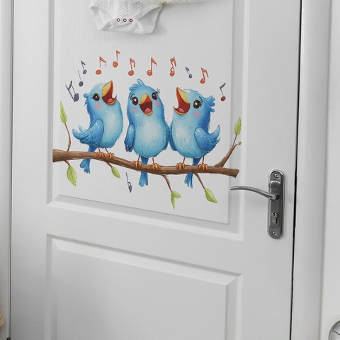 Cartoon Blue Birds Singing On Tree Branch Wall Sticker PVC Self-Adhesive Musical Note Decal For Kids Room Home Decor