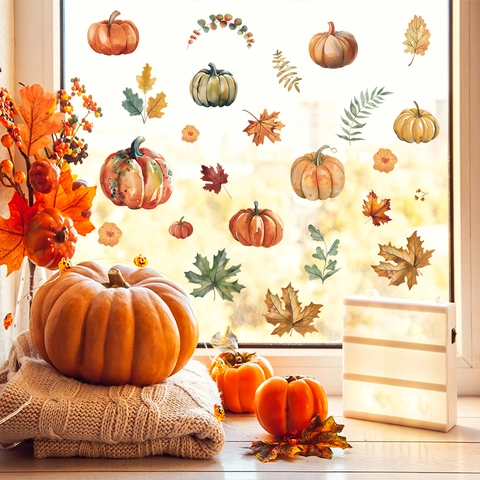 Watercolor Autumn Harvest Pumpkin Maple Leaf Wall Sticker PVC Removable Self Adhesive Thanksgiving Halloween Home Decor