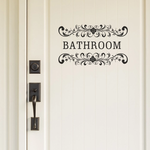 Adesivo da Parete per Bagno Rimovibile in PVC Scritte Nere Decalcomania per Porta Con Motivi a Volute Floreali