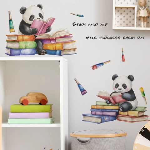 Sticker Mural Panda Lisant Dessin Animé Citation Motivante Livres Aquarelle PVC Auto-Adhésif Décalcomanie Chambre Enfant