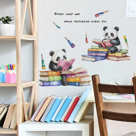 Sticker Mural Panda Lisant Dessin Animé Citation Motivante Livres Aquarelle PVC Auto-Adhésif Décalcomanie Chambre Enfant