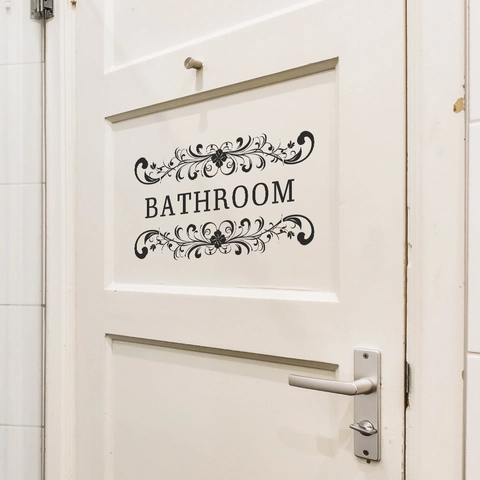 Adesivo da Parete per Bagno Rimovibile in PVC Scritte Nere Decalcomania per Porta Con Motivi a Volute Floreali