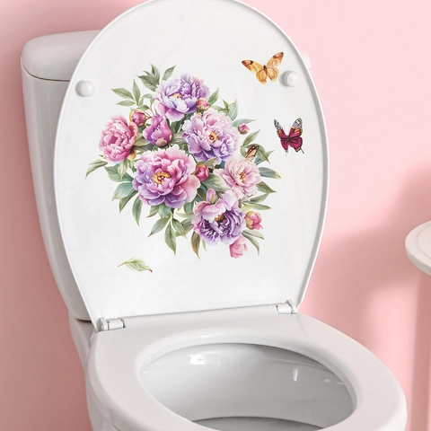 Adesivo per Coperchio del Gabinetto Vintage Peonia Fiore Farfalla Impermeabile PVC Rimovibile Decalcomania Murale Bagno