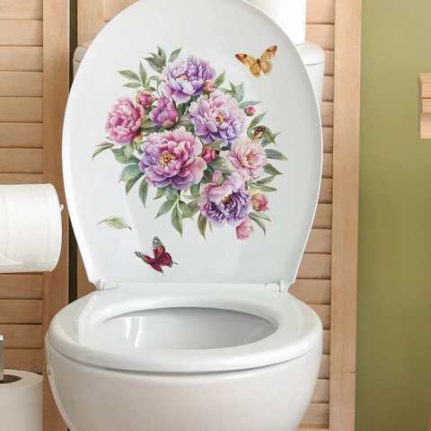 Adesivo per Coperchio del Gabinetto Vintage Peonia Fiore Farfalla Impermeabile PVC Rimovibile Decalcomania Murale Bagno