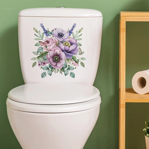Floral Butterfly Toilet Lid Sticker PVC Removable Flower Wall Decal For Bathroom Home Decor Purple Anemone Pink Rose Pattern