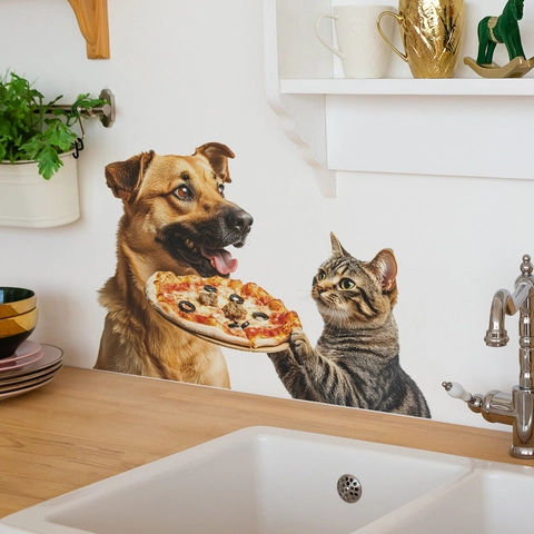 Funny Cat Dog Sharing Pizza Wall Sticker PVC Self Adhesive Removable Decal For Kitchen Restaurant Home Decoration