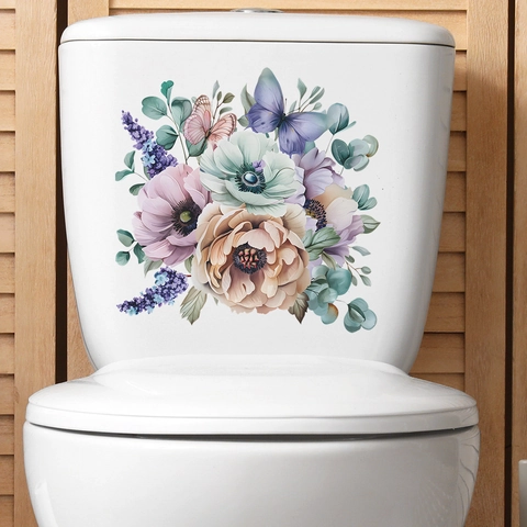 Autocollant de Toilette Fleurs Papillons PVC Auto-Adhésif Amovible Stickers Muraux Décor de Salle de Bain Motif de Fleur