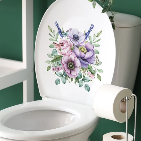 Floral Butterfly Toilet Lid Sticker PVC Removable Flower Wall Decal For Bathroom Home Decor Purple Anemone Pink Rose Pattern