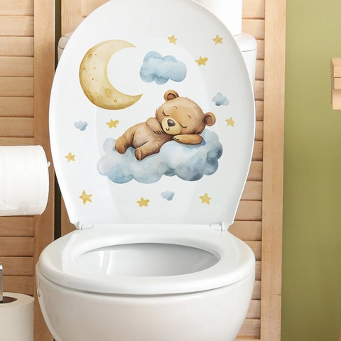 Cartoon Slapende Beer Op Wolk Muursticker Met Maan En Sterren PVC Waterdichte Sticker Voor Toiletdeksel Badkamer