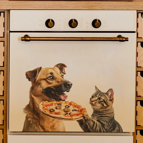 Funny Cat Dog Sharing Pizza Wall Sticker PVC Self Adhesive Removable Decal For Kitchen Restaurant Home Decoration
