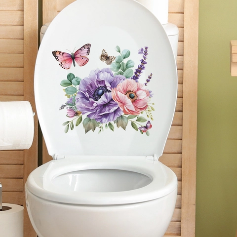 Sticker Couvercle de Toilettes Fleur Rose Violette Papillon PVC Imperméable Auto-Adhésif Décalcomanie Murale Salle de Bain