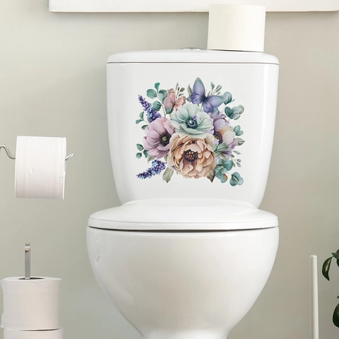 Adesivo per WC con Fiori e Farfalle in PVC Autoadesivo Rimovibile Decalcomania da Muro Decorazione Bagno per Copriwater