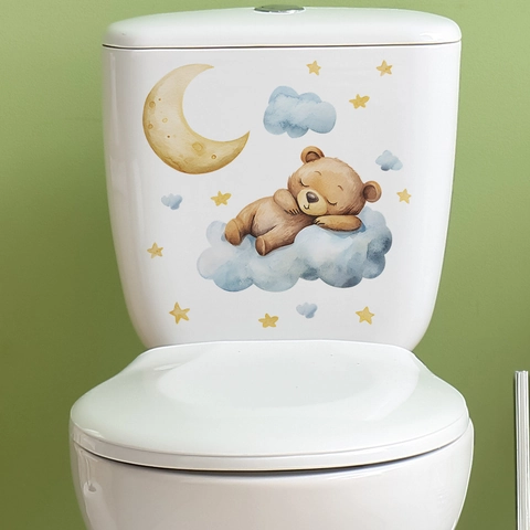 Cartoon Slapende Beer Op Wolk Muursticker Met Maan En Sterren PVC Waterdichte Sticker Voor Toiletdeksel Badkamer