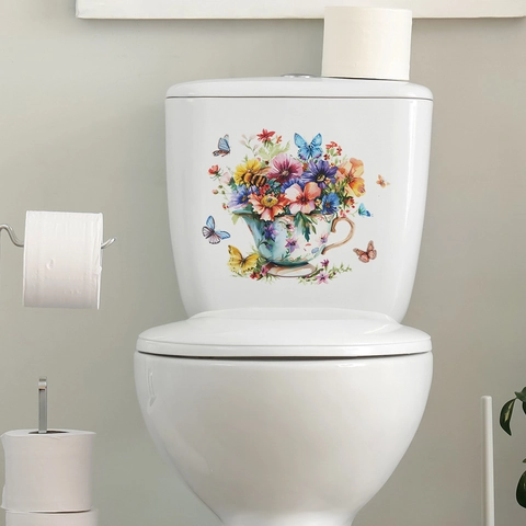 Floral Tea Cup Butterfly Toilet Sticker Waterproof PVC Wall Decal For Bathroom Home Decor Removable Self Adhesive Sticker
