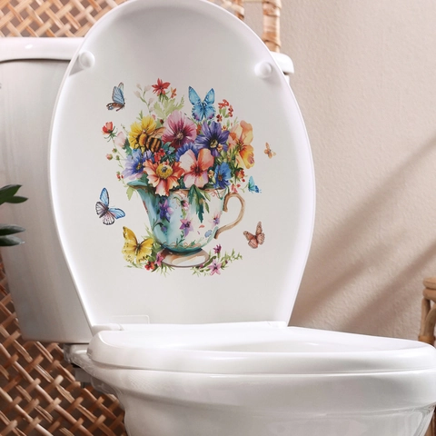Floral Tea Cup Butterfly Toilet Sticker Waterproof PVC Wall Decal For Bathroom Home Decor Removable Self Adhesive Sticker