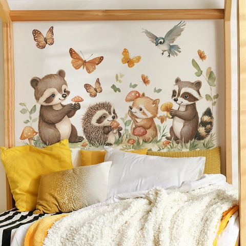 Adhesivo de Pared Animales del Bosque PVC Removible Acuarela Mapache Zorro Champiñón Calcomanías para Dormitorio Infantil Hogar