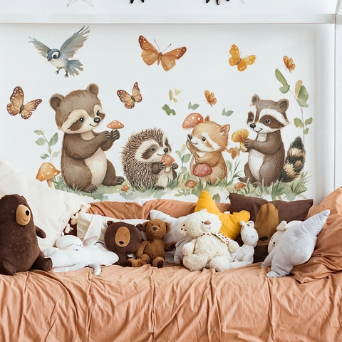 Adhesivo de Pared Animales del Bosque PVC Removible Acuarela Mapache Zorro Champiñón Calcomanías para Dormitorio Infantil Hogar