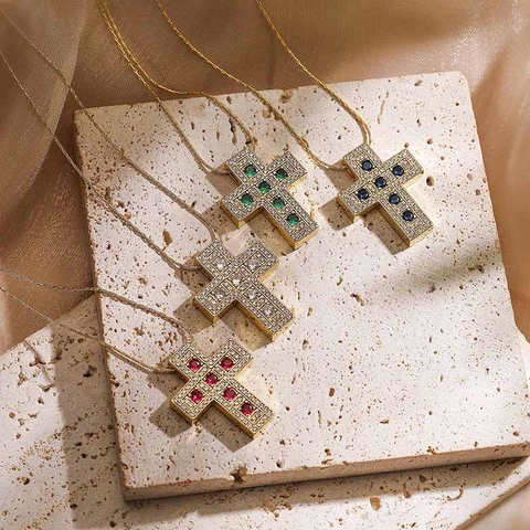 Hip-Hop Kupfer Zirkonia Kreuz Anhänger Halskette Luxuriöse Doppelschicht Eingelegte Bling Religiöser Schmuck Für Damen Herren