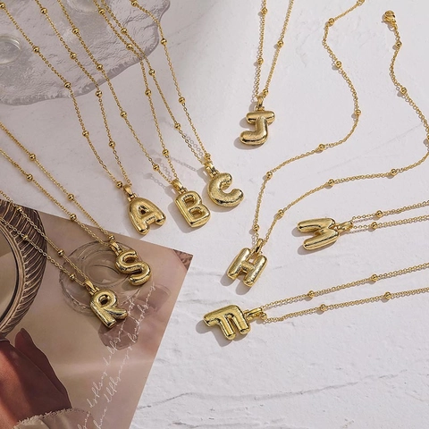 Collier Pendentif Alphabet Bulle en Cuivre Minimaliste Pour Femmes Plaqué Or Argent Lettre Initiale Ballon Grassouillet Chaîne à Billes Collier Clavicule Bijoux Mode Cadeau