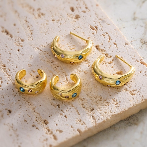 Orecchini a Bottone in Rame Zirconia Vintage Martellati Irregolari Minimalisti C-Shaped Ear Cuffs Donna Gioielli in Metallo
