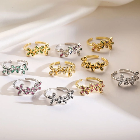 Elegant Copper Open Ring For Women Zirconia Inlaid Adjustable Bowknot Clover Flower Fashion Jewelry Finger Ring Gift
