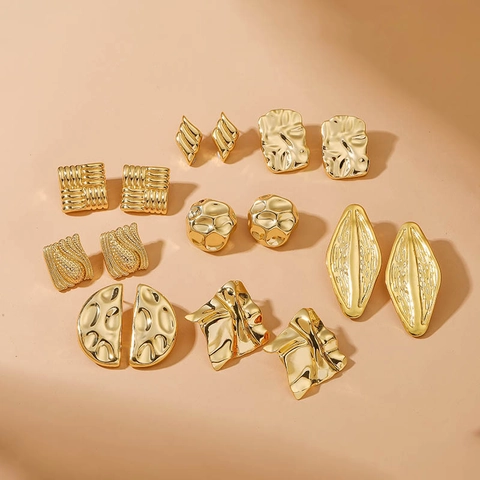 Vintage Orecchini di Rame Geometrici di Alta Qualità Metallo Pieghettato Texture Martellata Orecchini Quadrati a Ventaglio Oro Argento Gioielli Donna