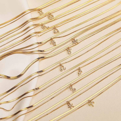 Double Layer Zodiac Constellation Pendant Necklace Copper Zirconia Herringbone Snake Bone Chain Gold Silver For Women