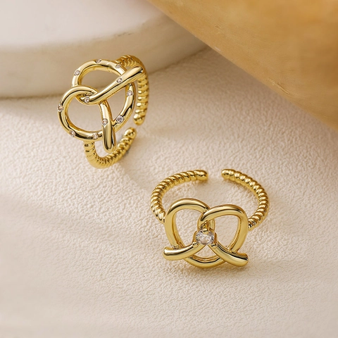 Fashion Copper Gold Silver Plated Zirconia Heart Pretzel Knot Open Ring For Women Minimalist Adjustable Twisted Rope Ring